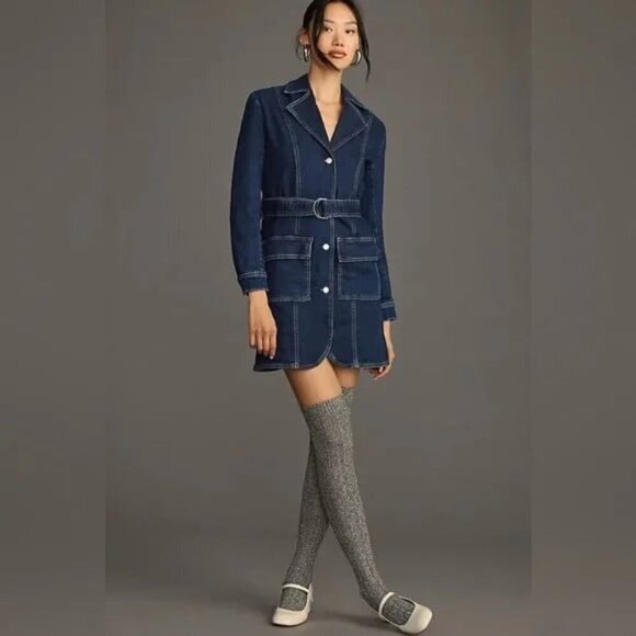 Anthropologie Dresses & Skirts - Pilcro Anthropologie Denim Belted Jean Blazer Dress Size M Coat Jacket